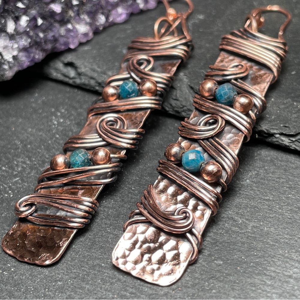 Long Copper and Teal Apatite Crystal Swirling Wire Wrapped Dangle Boho Earrings - Picture 11 of 11